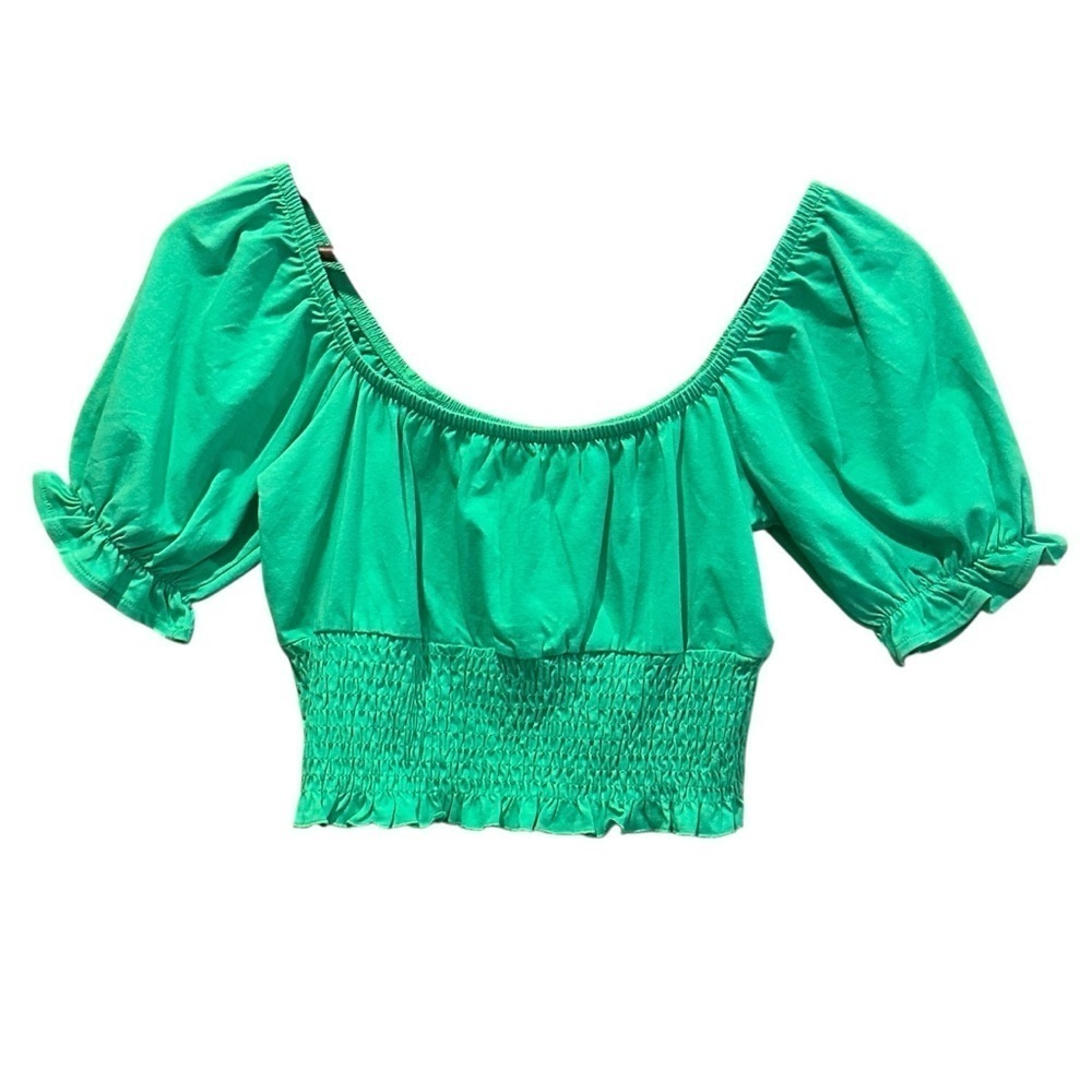 Topshop Green Shirred Waist Puff Short Sleeve Crop Top Size 6 New